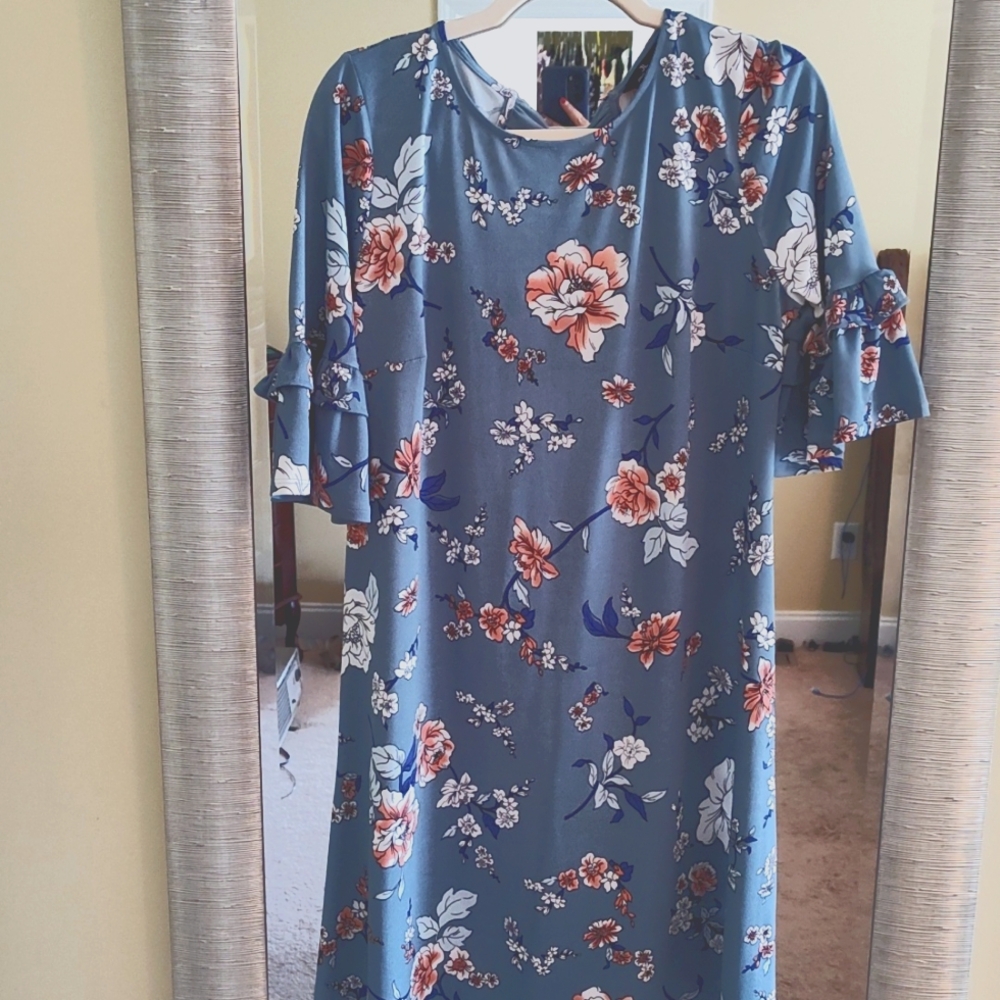 Blue floral back tie , ruffle sleeve dress